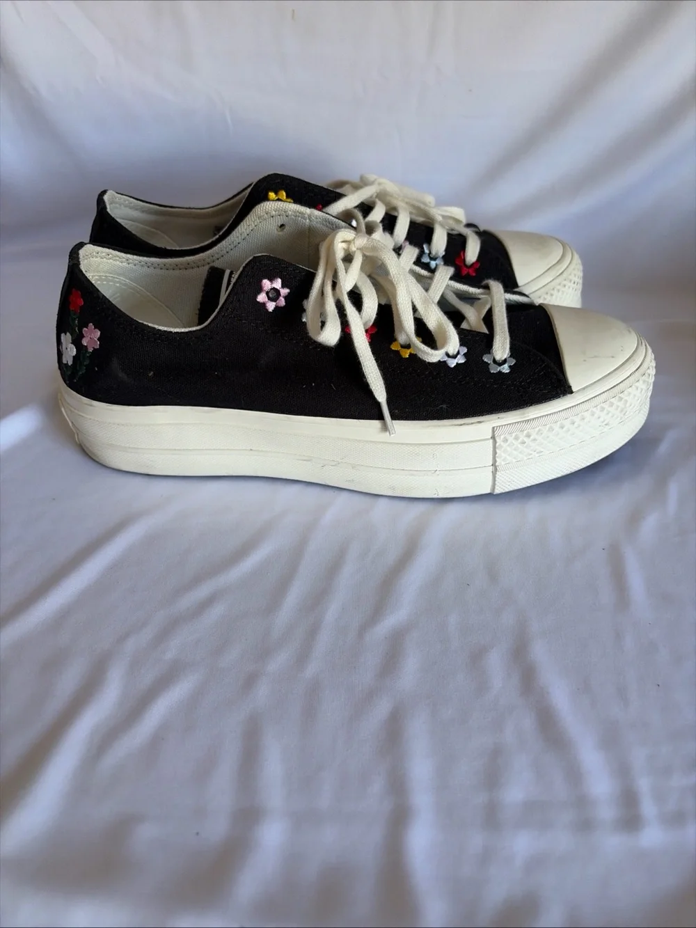 Converse Black Canvas Sneakers with Yellow and Red Floral Embroidery